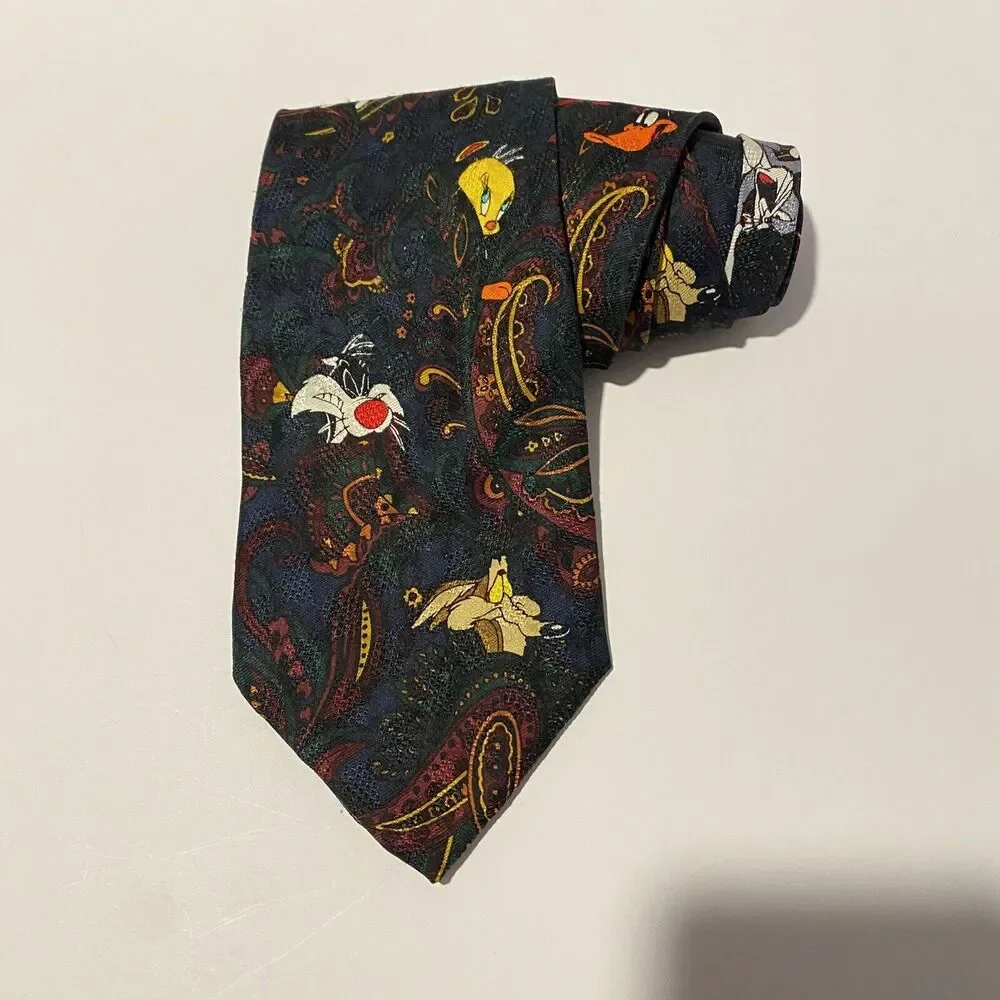 Vintage Looney Tunes Silk Tie Warner Bro Taz Daffy Bugz Sylvester‎ 90s Business